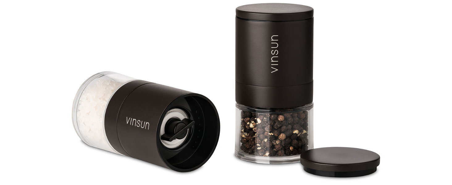 Набір з 2 мельниць для солі та перцю Vinsun - керамічний механізм, регульовані, ручні, нержавіюча сталь, кремово-білі