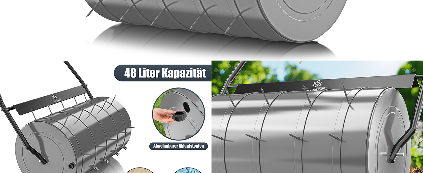 Коток для газону KESSER металевий, заповнюється водою або піском, 48 л, 60 см, з 5 наборами шипів і рукавичками, садова ручна валка, антрацит