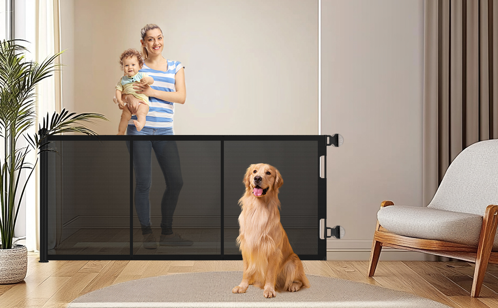 Adjustable Baby Gate with Lock - Expandable Pet & Baby Safety Fence, 150cm Wide, 83cm High, No Drill Installation, Automatic Latch