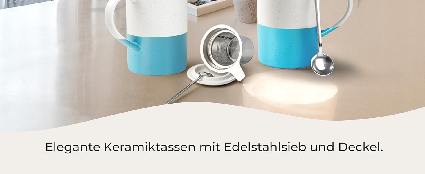 Набір чайних чашок Miamio 2 x 500 мл з кришкою та ситом, з чайним ситечком та ложкою, для заварювання листового чаю, подарунок для жінок, безпечно для мікрохвильової печі та посудомийної машини (блакитний)