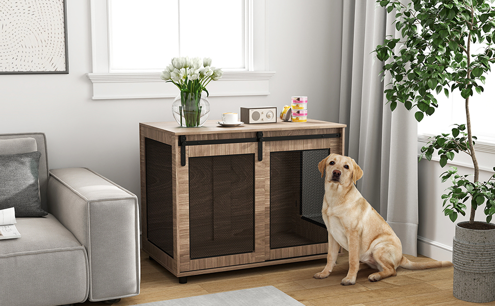 Клітка для собак PawHut з 2 закривними ковзними дверцятами, металева, підвищена, для дому, 98 x 60 x 78 см, горіх