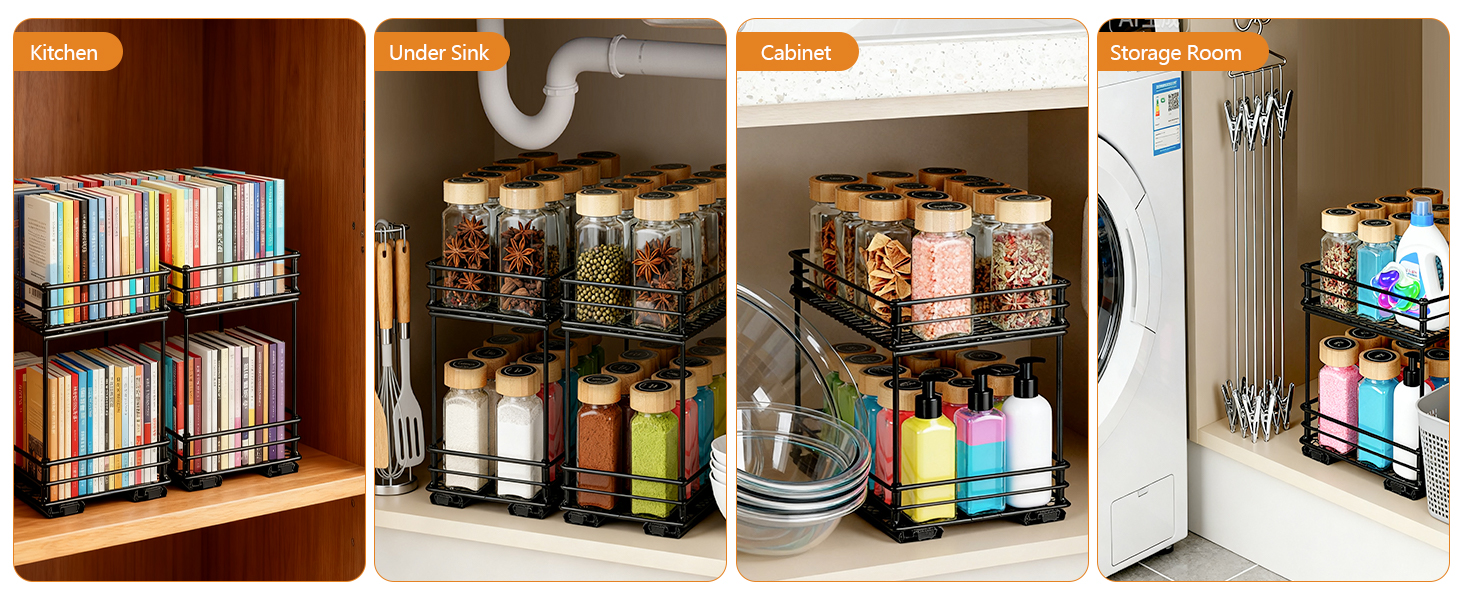 VINATO Висувна полиця для спецій на 2 яруси – органайзер для кухні з роликовими направляючими, підставка для спецій у шафку, полиця для спецій без свердління (26x15x21,8 см)