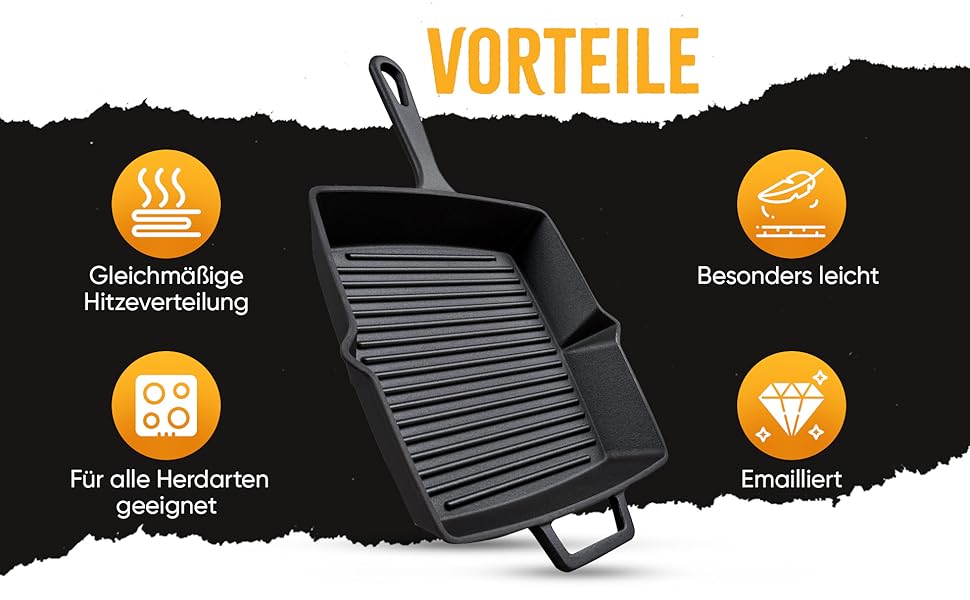 Чавунна гриль-сковорода емальована 26 см, з рифленим дном для стейків, підходить для всіх плит