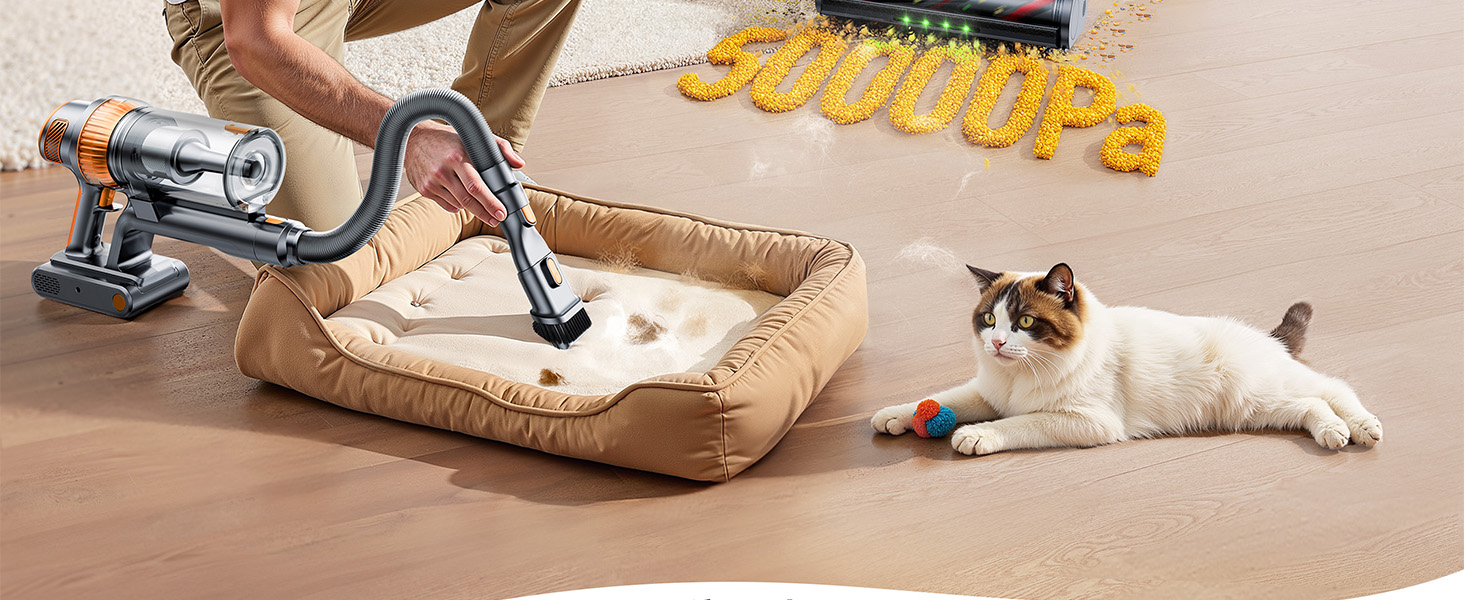 SMOTURE VAC04 Бездротовий акумуляторний пилосос, 50000 Па потужність всмоктування, 65 хвилин роботи, самостійна підставка, гнучкий шланг, щітка Anti-Tangle, док-станція для зарядки, для шерсті тварин, килимів та твердих поверхонь