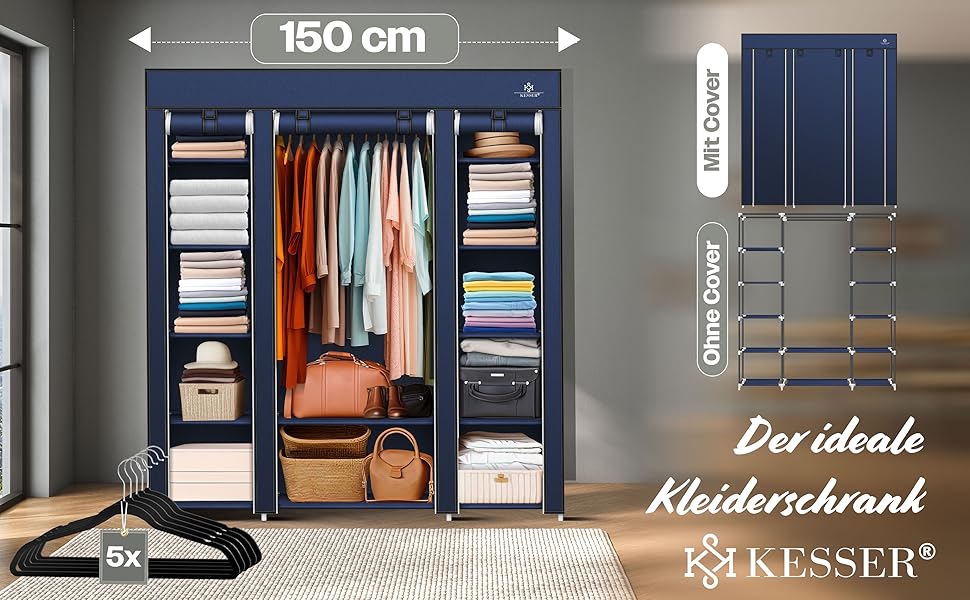 KESSER® Wardrobe Clothes Closet Stable with Clothes Rail & Shelves, Incl. 5x Clothes Hangers, Fabric Folding Closet for Bedroom, Dressing Room Wardrobe with Clothes Rack 150x45x175cm (Navy Blue)