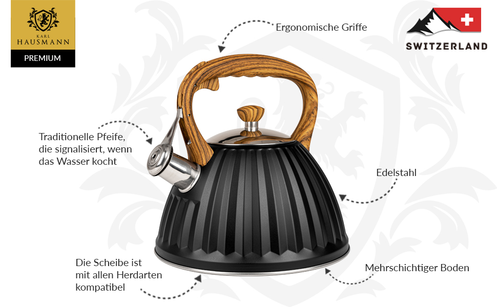 Чайник для води Karl Hausmann Induktion 3L, чорний, з автоматичним свистком, нержавіюча сталь, для всіх типів плит