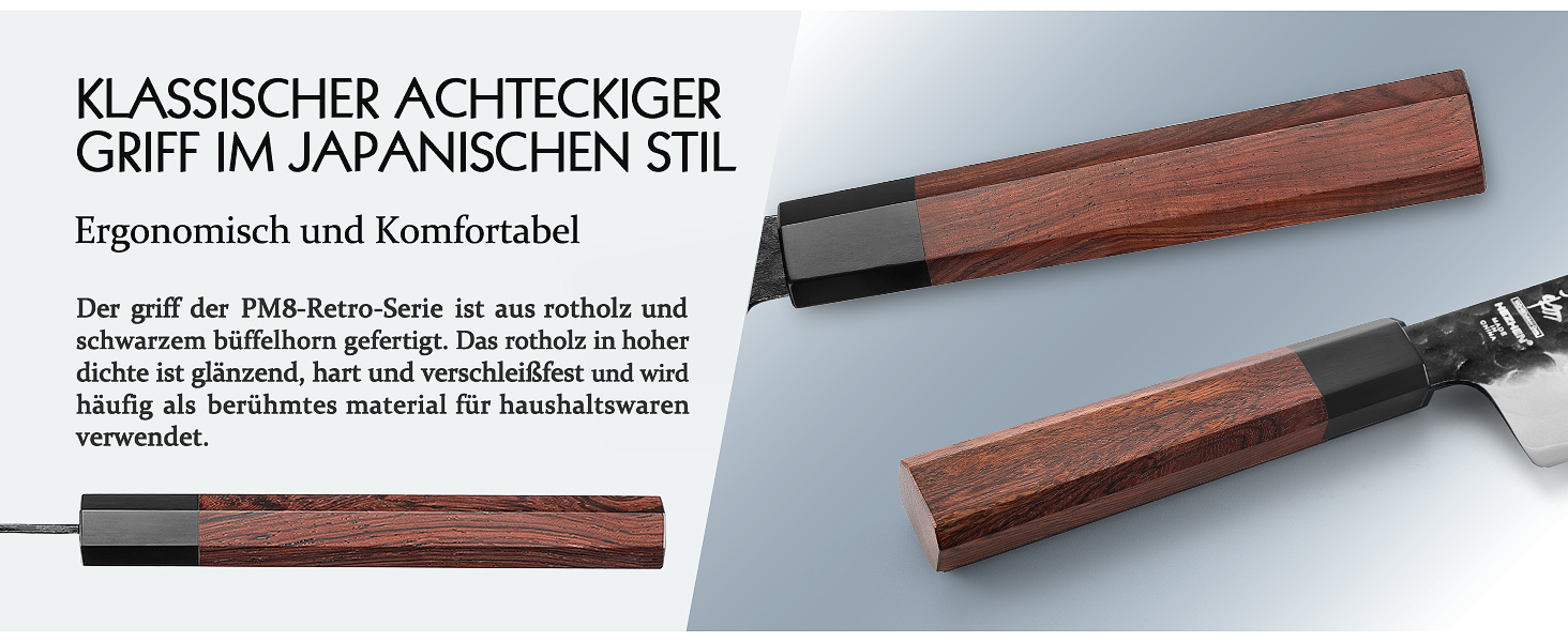 Японський ніж Kiritsuke Messer 21.5 см, сталь 3 шари, професійний, ручка з червоного дерева, дерев'яна піхва