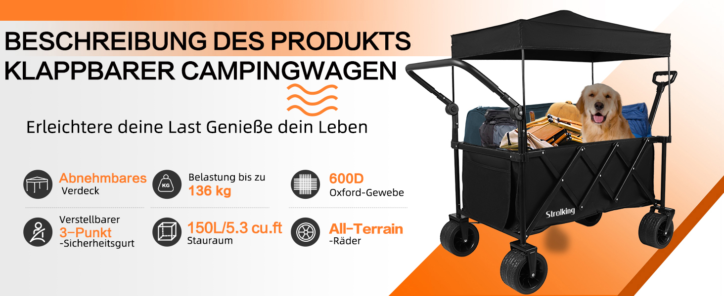 3 в 1 вагончик-тележка складний з гальмами, 150л, 136кг, чорний