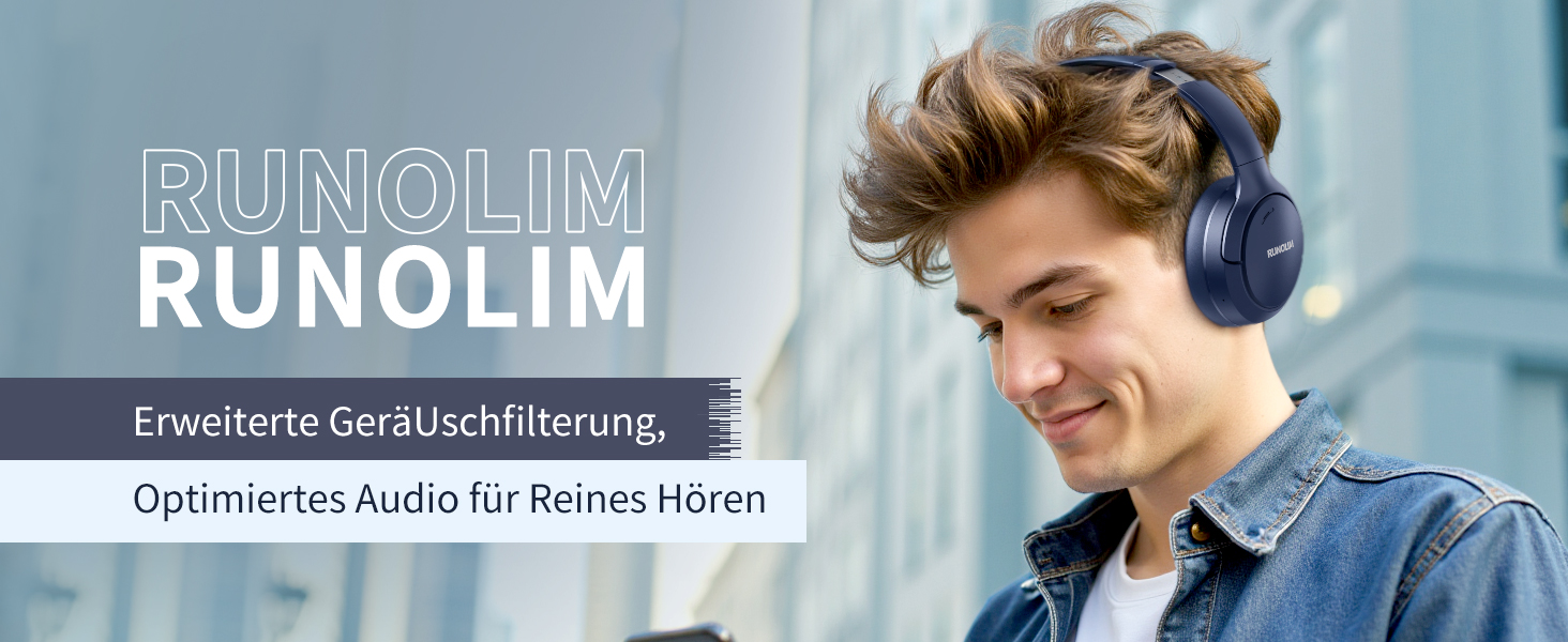 RUNOLIM Бездротові навушники Over-Ear з активним шумозаглушенням, Bluetooth, 70 годин роботи, Hi-Res Audio, глибокий бас, 3.5mm аудіокабель (Блакитні)