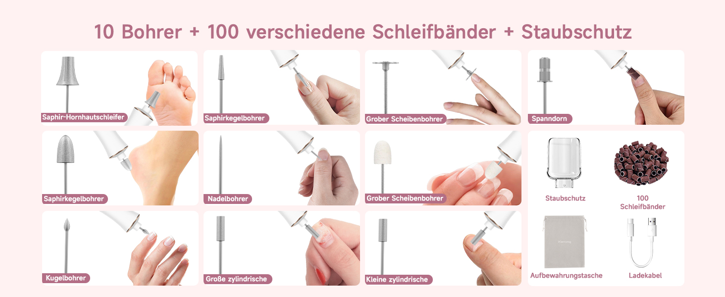 Електричний набір для манікюру Karrong: бездротовий фрезер з 10 насадками, LED-підсвічування, для гель та акрил