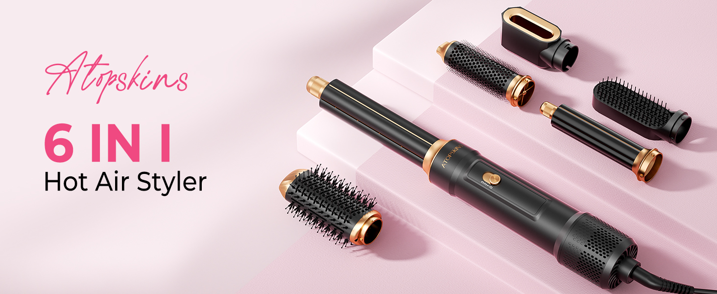 Набір для укладки волосся Atopskins Pro Airstyler 6 в 1: фен-щітка, плойка, іонізація, 1000W, чорний
