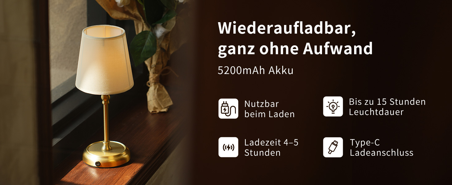 Нічник бездротовий акумуляторний Wiederaufladbare з димером та лампочкою для спальні, вітальні, їдальні - Золотий A-gold