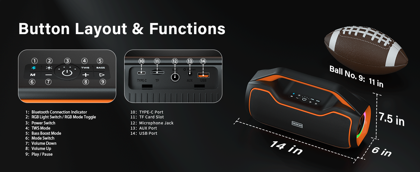 Bluetooth колонка портативна 120W помаранчева з басами, водонепроникна IP65, підтримка DSP/TWS/AUX/TF/BT5.4 для вечірок та пляжу