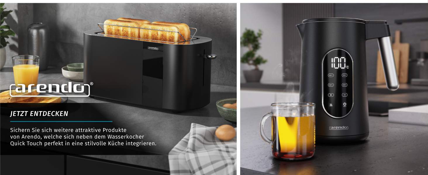 Електричний чайник Arendo з регулюванням температури, нержавіюча сталь, подвійні стінки Cool Touch, дисплей, бездротовий, 2200 Вт, 1,7 л, захист від перегріву, функція підтримання тепла, чорний