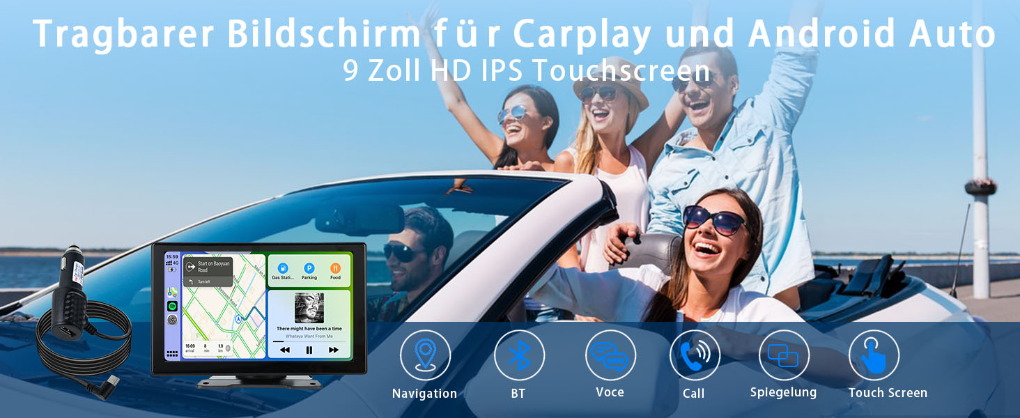 Plimpton 9-дюймовий автомобільний дисплей із бездротовим CarPlay та Android Auto, IPS сенсорний екран, цифровий медіаресивер, Mirror Link, навігація, Bluetooth, AUX