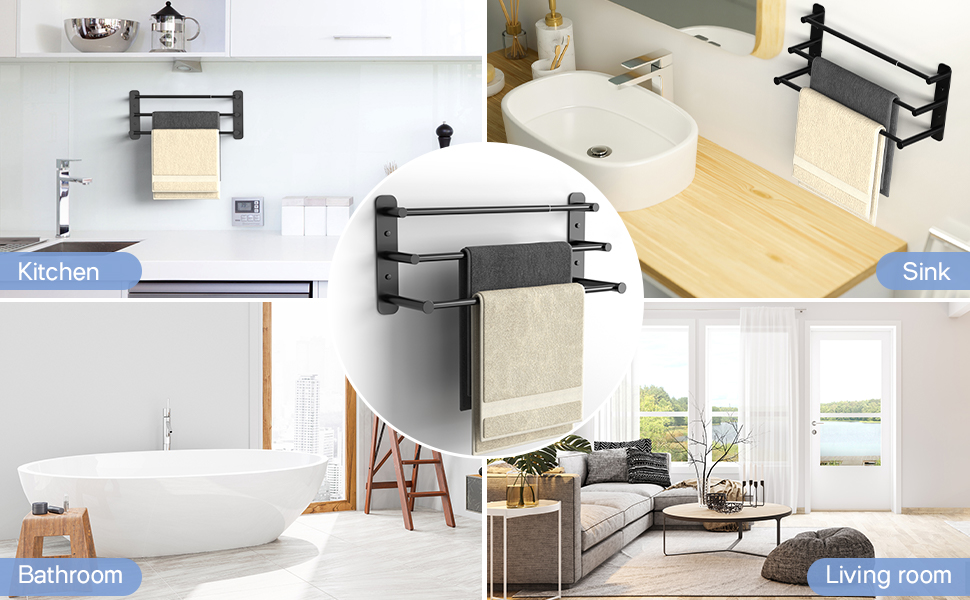 Тримач для рушників Lannvan без свердління, висувний 37-70см, нержавіюча сталь, для ванної кімнати/кухні, 2 способи встановлення, чорний