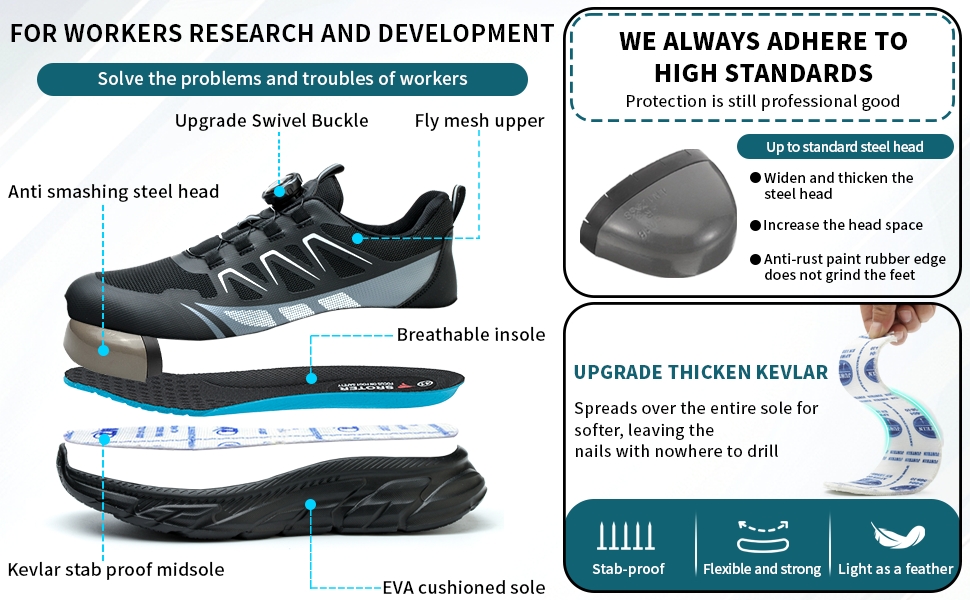 Черевики безпеки для роботи: чоловічі та жіночі, зручні, з металевим носком, легкі, дихаючі, для промисловості, з поворотними пряжками та шнурівками, 42 EU, чорні