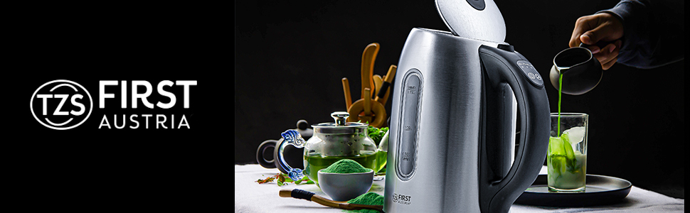 Електричний чайник First Austria Edelstahl 2200W, 1.7L, регулювання температури 60-100°C, підтримання тепла, фільтр від накипу, прихований нагрівальний елемент, LED-підсвічування