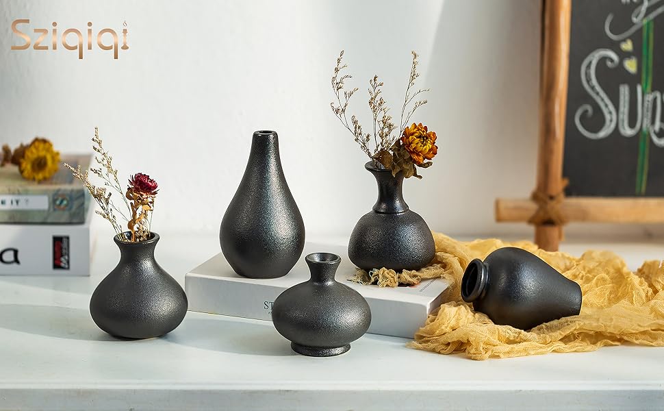 Set of 5 Small White Ceramic Vases - Mini Handmade Ceramic Flower Vases for Pampas Grass, Modern Home Decor for Living Room, Kitchen, Office & Table
