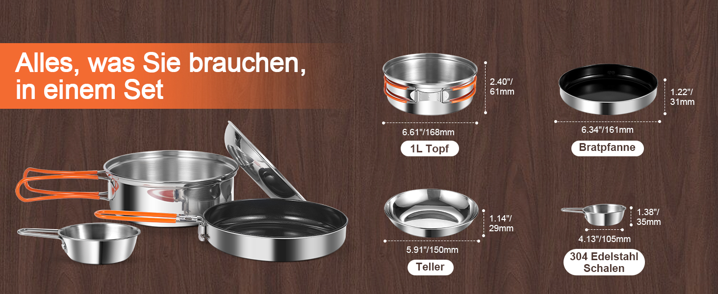 Набір посуду для кемпінгу Odoland з нержавіючої сталі 10 предметів: каструля, сковорода, тарілки, миски, виделки, ножі, ложки. Ідеально для пікніків, походів та кемпінгу.