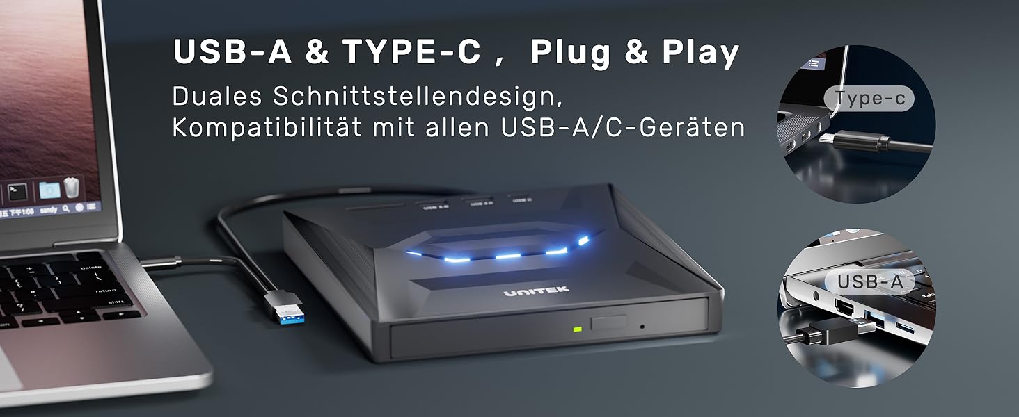 Зовнішній CD/DVD привід UNITEK USB-C/USB 3.0 з картридером SD та USB-хабом, портативний DVD-плеєр та записувач CD-ROM для ноутбука, ПК, Windows, Linux, macOS, чорний