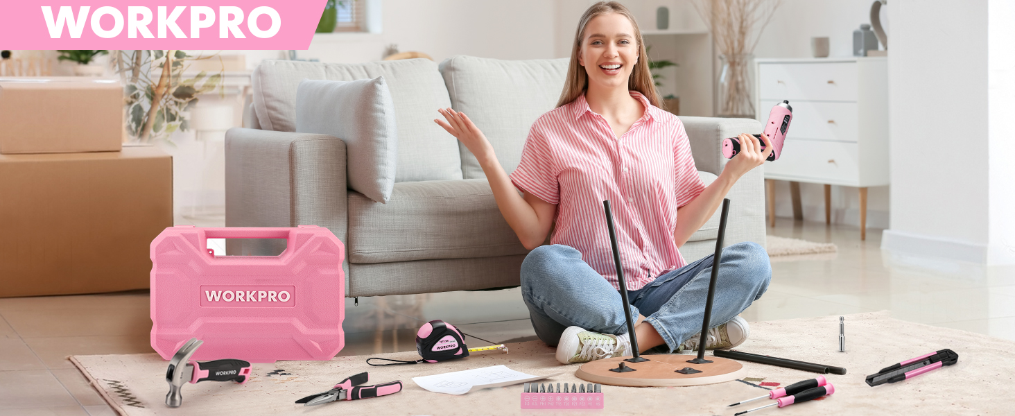 Набір інструментів WORKPRO рожевий 18 предметів з USB-C акумуляторною викруткою, компактний рожевий кейс, для дому, рукоділля, дітей, DIY