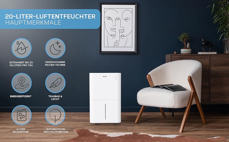 Електричний осушувач повітря Air Pro 20L - портативний, для спальні, підвалу, гаража, кухні. З таймером та режимом сну. Білий