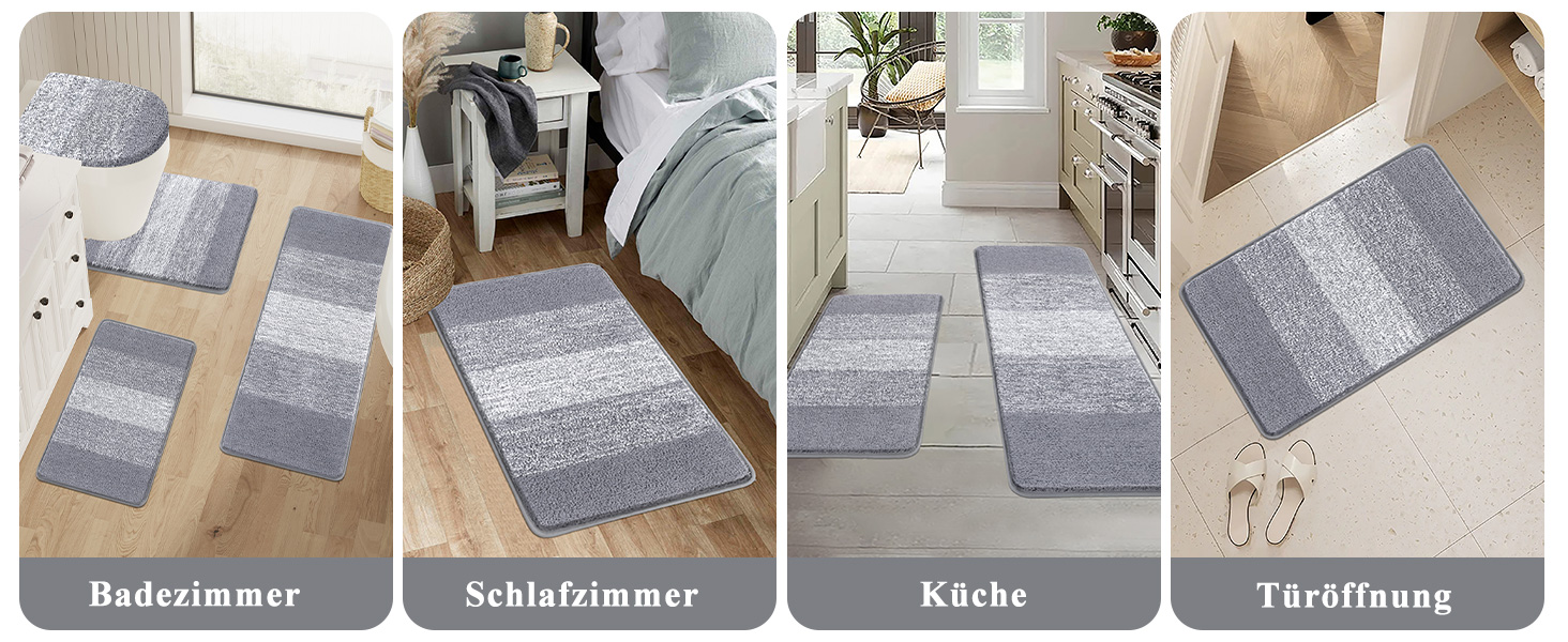Enyhom 4-Piece Microfiber Bath Mat Set - Non-Slip Bathroom Rugs & Toilet Lid Cover (Grey, 45x65cm, 45x120cm, 50x60cm, 48x53cm)