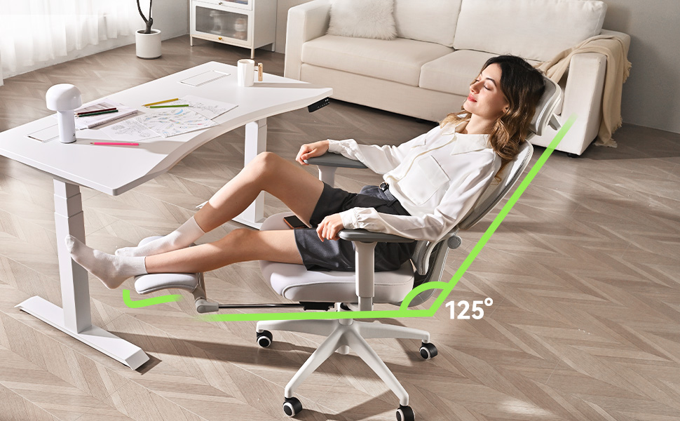 Офісний крісло MUSSO E600SE сірого кольору: ергономічний дизайн, регулювання поперекової підтримки, підлокітники та підголівник, підставка для ніг, підтримка спини для жінок