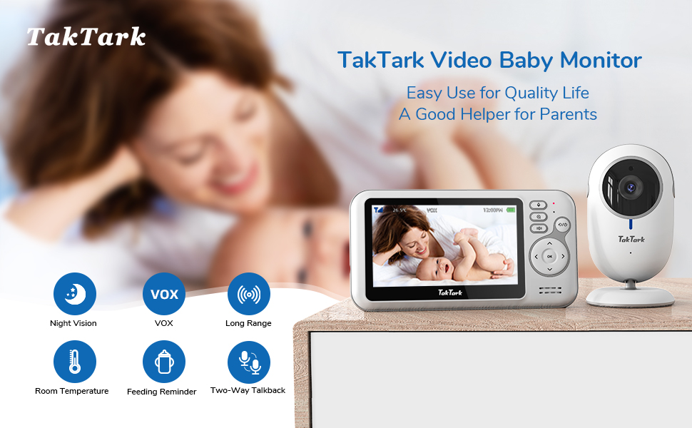 Відеоняня TakTark з камерою, 4.3 дюйма, монітор для дитини, аудіо та відео зв'язок, функція VOX, нічне бачення, цифровий зум, контроль температури, без шкідливого світла