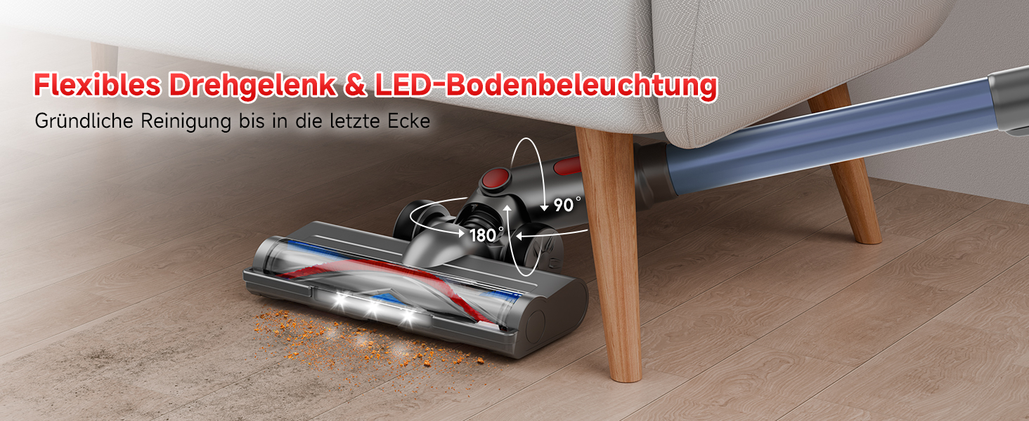 Бездротовий акумуляторний пилосос 45000 Па – 45 хв роботи, тихий (<65 дБ), LED-дисплей, 8-в-1 бездротовий пилосос з антизаплутаною насадкою та HEPA-фільтром – для шерсті тварин, килимів, твердих підлог та алергіків, червоний