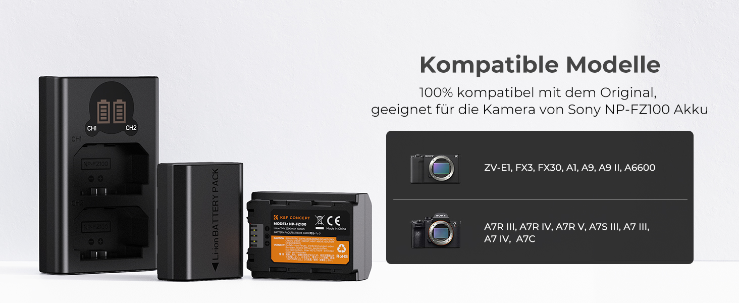 Зарядний пристрій K&F CONCEPT NP-FZ100 з LED-дисплеєм, Dual Slot, Micro USB та Type-C, сумісний з Sony Alpha A7 III, A7R III, A9, a6600, a7R IV, Alpha a9 II, USB-кабель