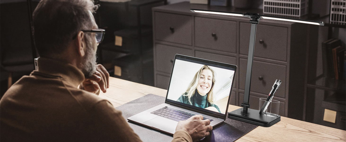 iVict LED лампа для столу з двома регульованими важелями, сенсорне керування, 5 режимів яскравості, таймер автовимкнення на 45 хвилин, USB-порт для зарядки, функція пам'яті, для дітей, білий (чорний)