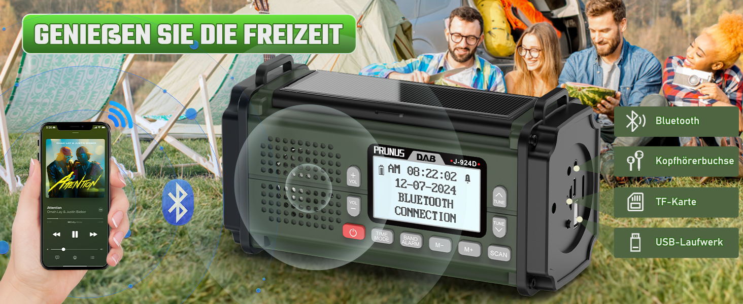 Радіоприймач PRUNUS J-924D: DAB+/UKW, радіоприймач-кринка з акумулятором 10000mAh, Bluetooth, ліхтарик, SOS, зарядка для телефону. Зелений