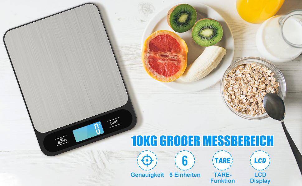 Кухонні ваги Diyife 10 кг / 1 г, електронні, з LCD-дисплеєм, для випічки та приготування їжі, з тарою, автовимкненням, платформа з нержавіючої сталі, 6 одиниць вимірювання, чорні