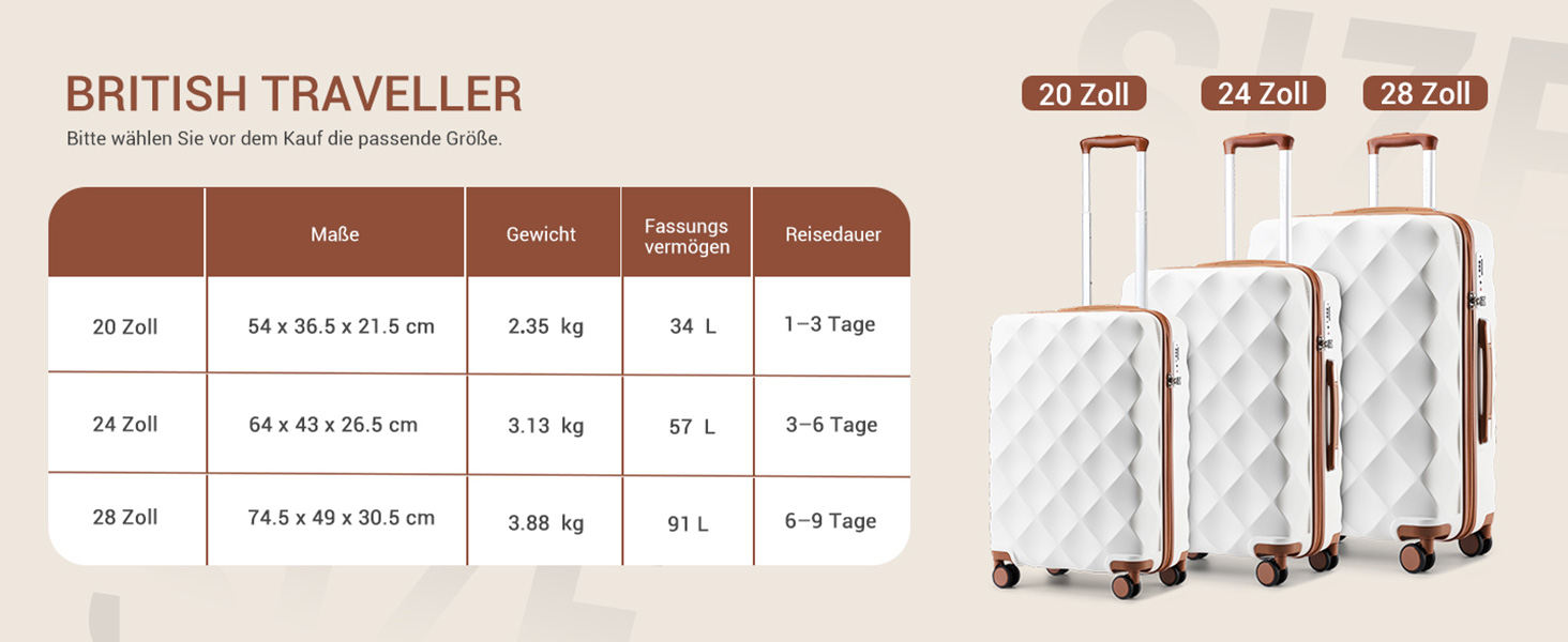 Чемодан British Traveller Groß 74.5 см, 91 л: Легкий валіза з ABS+PC, TSA-замок, 4 колеса, Кремовий