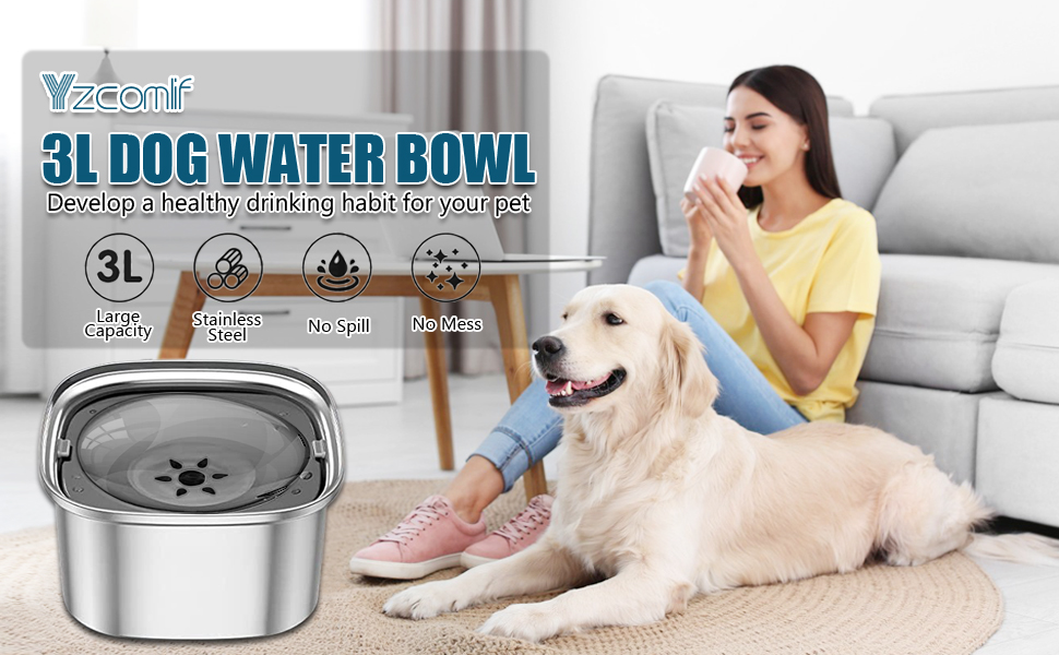 Миска для води для собак 3L, не проливається, з нержавіючої сталі 304, протиковзна