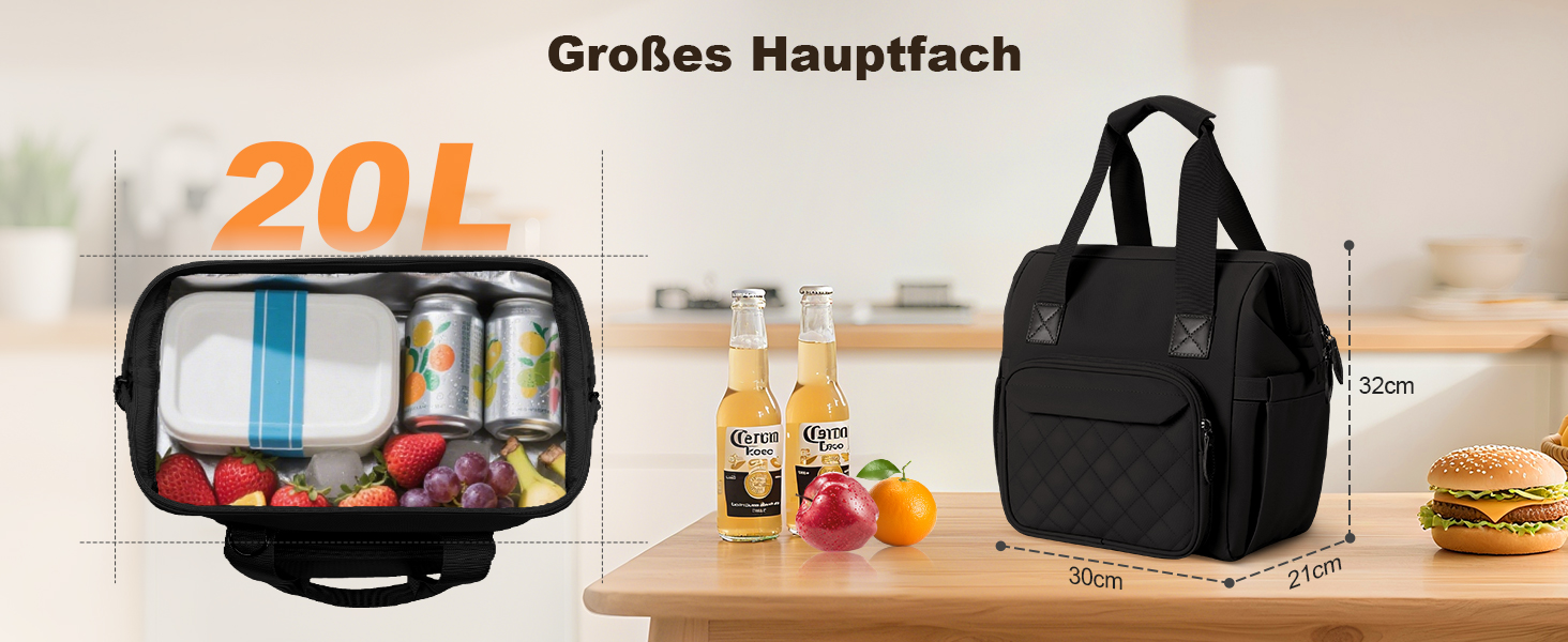 Чохол-холодильник 20 л, чорний: ізольована сумка-ланчбокс з PEVA-підкладкою, водонепроникна, з кількома відділеннями та плечовим ременем – для роботи, школи, авто, пікніка