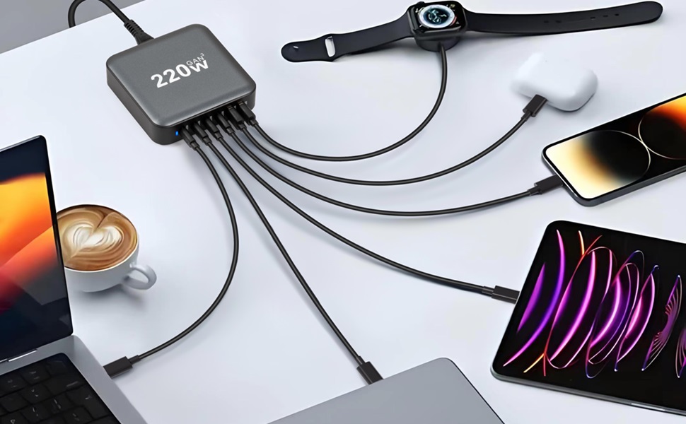 Зарядний пристрій USB C 220W, 6 портів GaN III, швидка зарядка PD + QC для iPhone, Samsung, iPad, MacBook Pro, Dell – Чорний + Кабель USB C 100W 1.5м