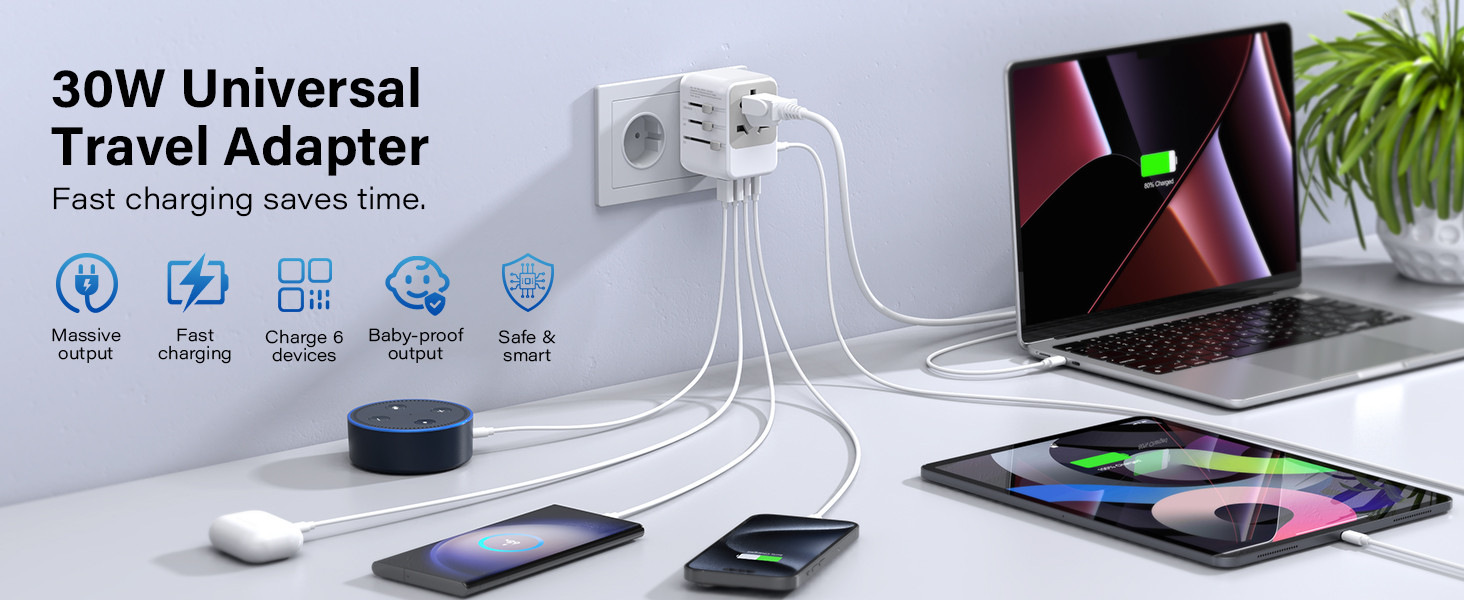 Зарядний пристрій USB C 65W, 3 порти, з кабелем 2м, для MacBook, iPhone, Switch, Galaxy, Tablet, Laptop