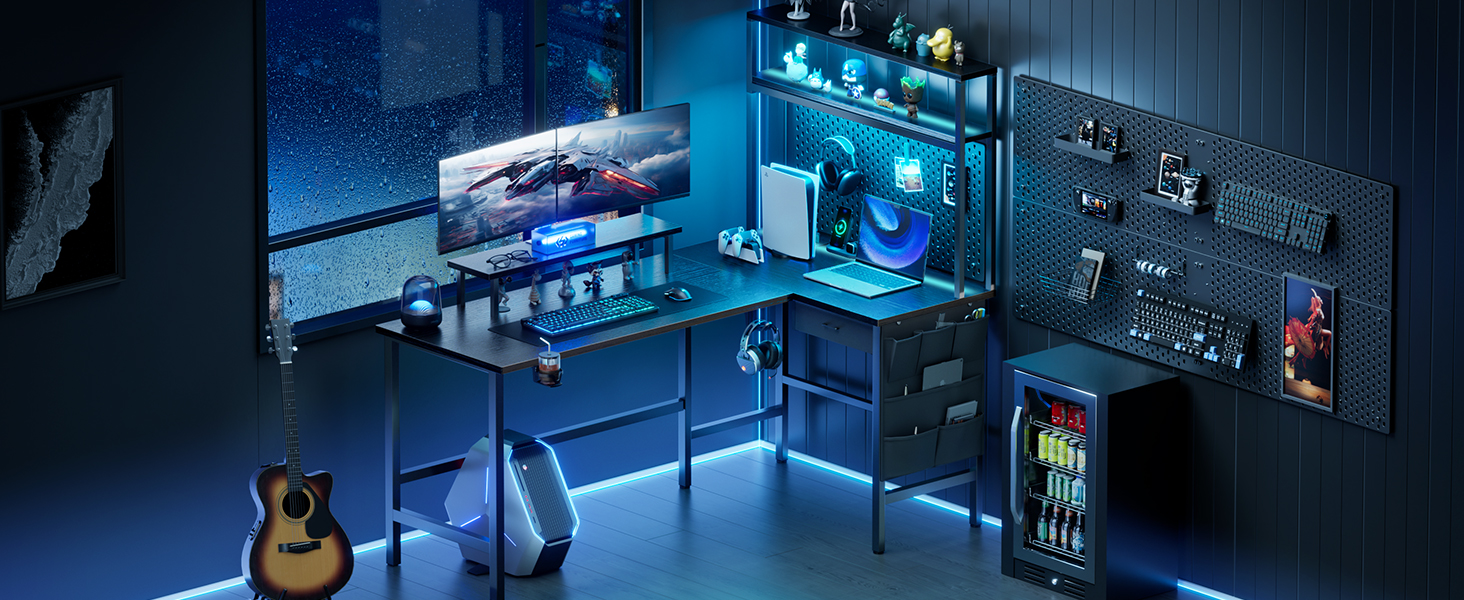 Ігровий стіл кутовий 150x100 см з 3 розетками та 2 USB, реверсивний, з LED підсвічуванням, з ящиками та підставкою для монітора, чорний