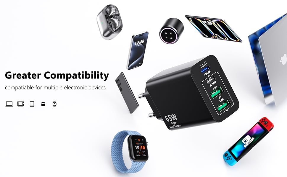 Зарядний пристрій USB-C 65W з кабелем, GaN 4-порти, швидка зарядка для MacBook, iPad, iPhone 15/16 Pro Max, Samsung Galaxy S23/S24 (2м USB-C - USB-C, чорний)
