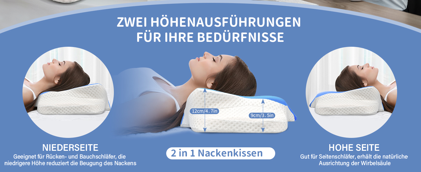 Подушка для шиї Ehomfory з Memory Foam, ергономічна подушка для сну на боці, спині та животі, 62x41x9/12 см, сіро-білий (блакитний)