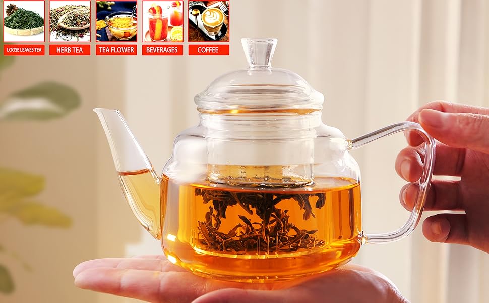 Скляний чайник CNGLASS з ситом із нержавіючої сталі, 900 мл, термостійкий для листового та розквітного чаю, прозорий