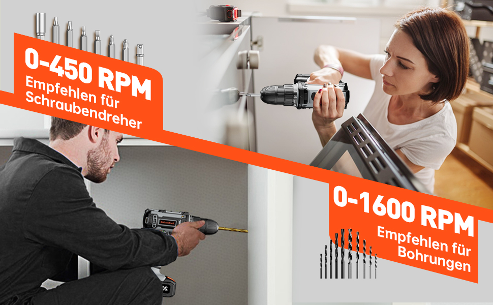 Акумуляторний шурупокрут/дрель 20V з набором аксесуарів, 42Nm, 10мм патрон, 2 швидкості, 25+1 момент затягування, для дому та ремонту