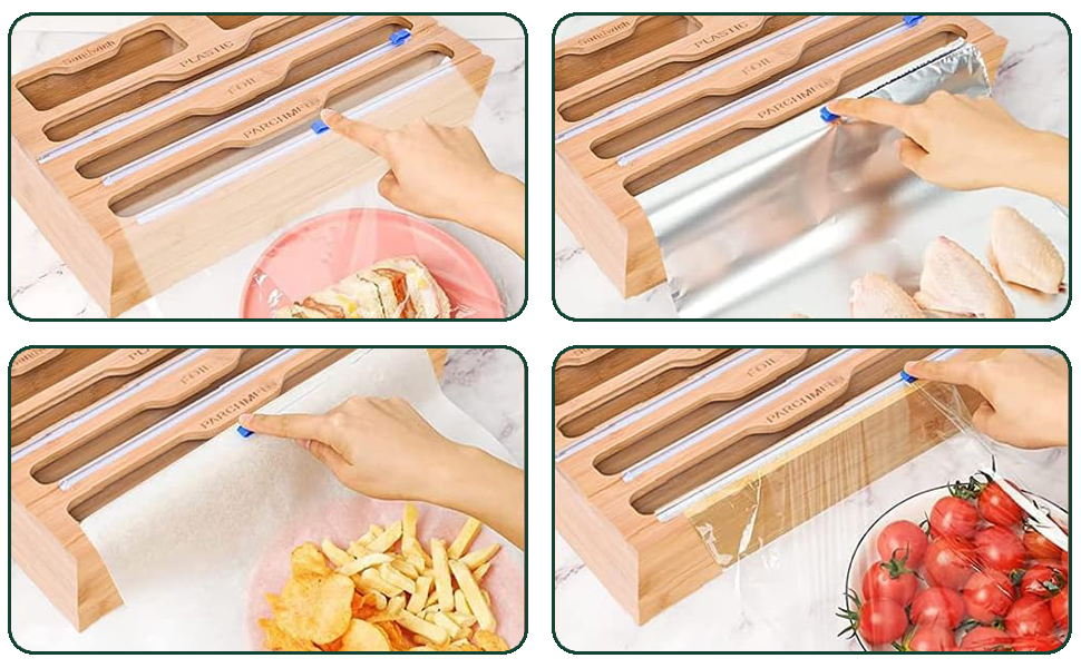 Диспенсер для харчової плівки 5 в 1 з дерев'яною коробкою та різаком, органайзер для кухні