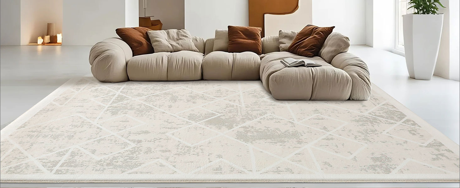 Килим Leesentec для вітальні, спальні: геометричний, сучасний, антиковзаючий, короткий ворс, бежевий, великий, білий (слонова кістка), 80 x 120 см, прямокутний