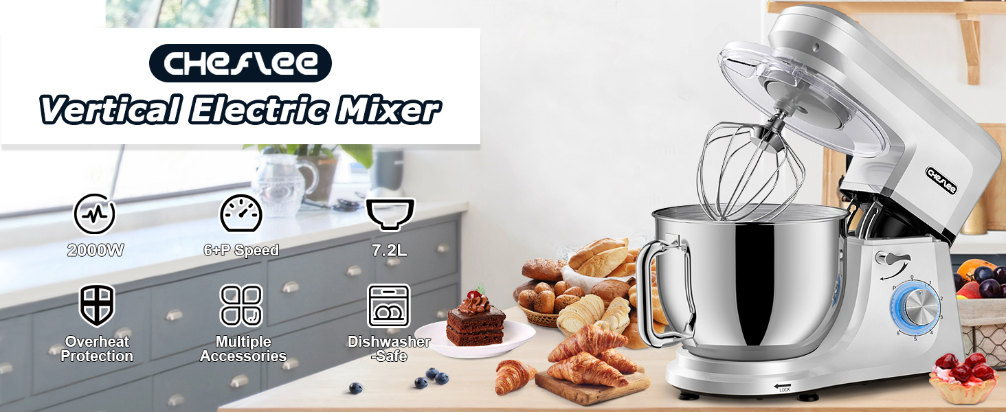 Кухонна машина Cheflee 2000W: потужна планетарна міксер для тіста та збивання, 6 швидкостей, 7.2 л чаша з нержавіючої сталі, гак для тіста та вінчик, захист від бризок (срібляста)