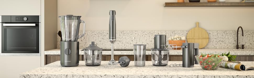 Подрібнювач Grundig Delisia Novus CH 7140 Професійний, 500 Вт, 4 ножі з покриттям цирконієм, Скляна чаша 1л, 2 швидкості, Dark Inox/Чорний