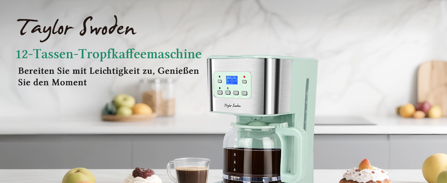 Кавомашина Taylor Swoden Darcy 950W з таймером, 1.5л, 12 чашок, автоматичне відключення, захист від протікання, багаторазовий фільтр, BPA-free, зелена